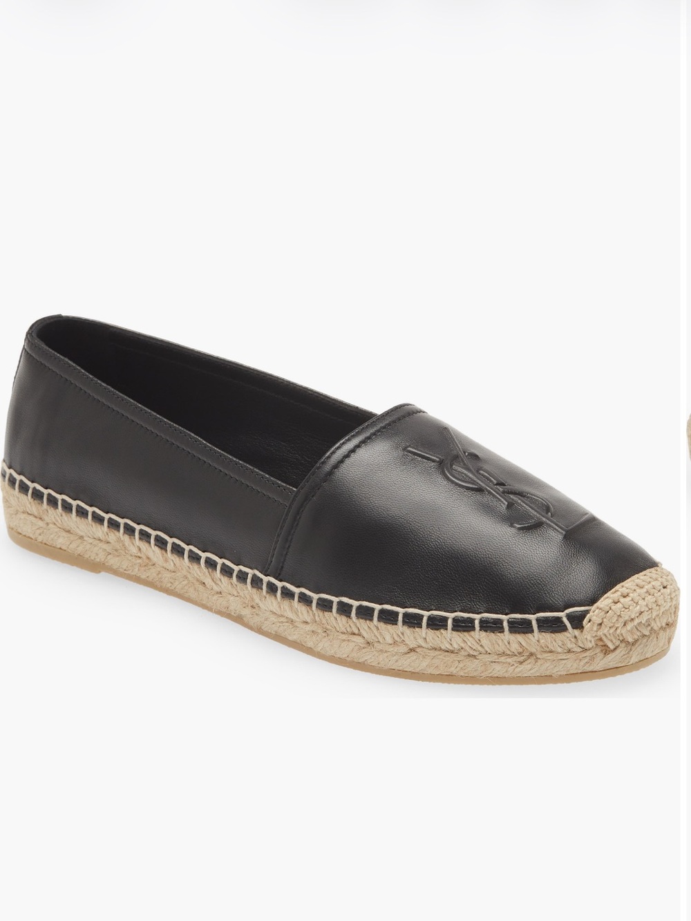 Saint Laurent Black Leather Espadrille with Embossed Logo